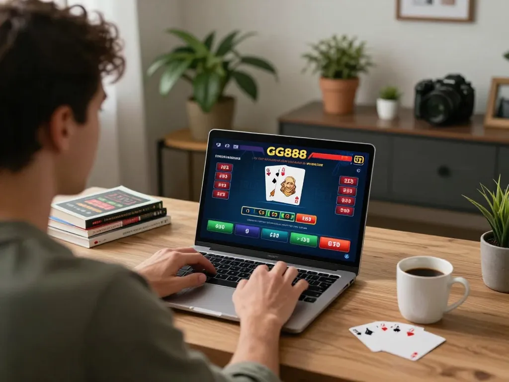 Engaging with GG888 poker on a laptop in a cozy home office, emphasizing strategic online gaming.
