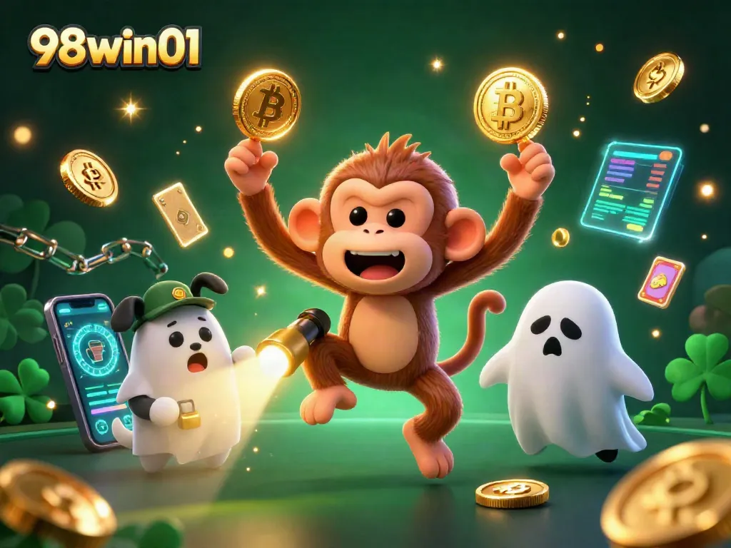 Engage in 98win01 casino adventures with a playful monkey juggler among crypto treasures.
