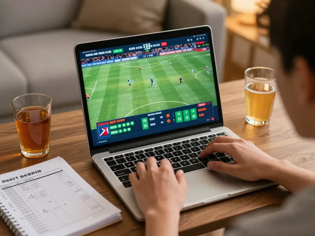 Engaging online sports betting scene showing live kèo nhà cái on laptop, perfect for strategic wagers