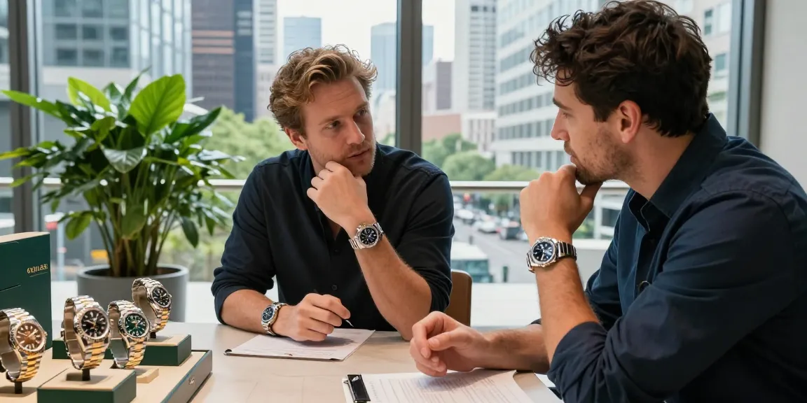 Engaging discussion on Rolex replica watches in an urban setting, showcasing luxury timepieces.