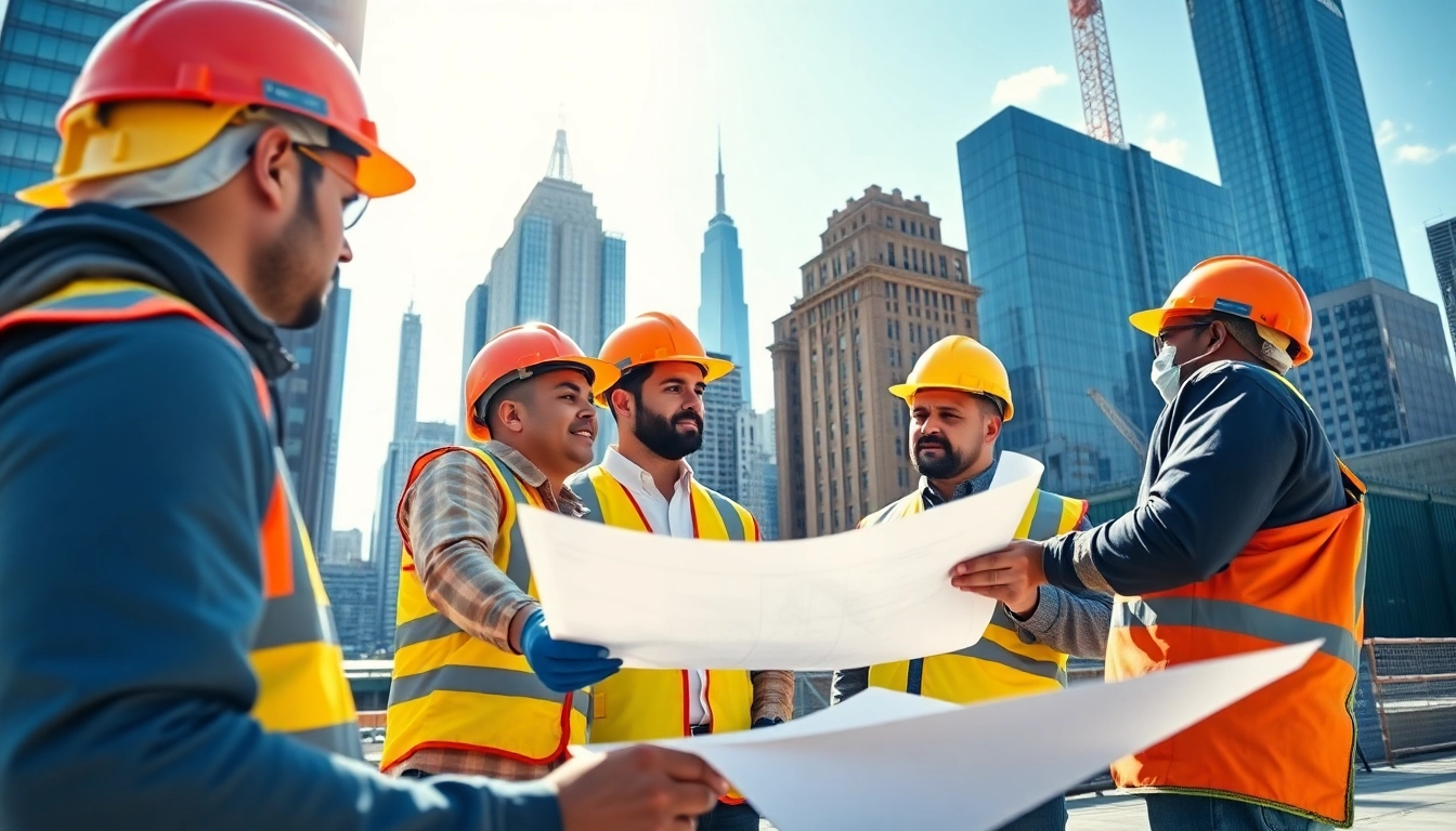 A New York City Commercial General Contractor works with a team on a skyscraper project, showcasing professionalism.