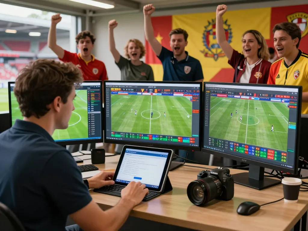 Analyst monitoring live scores on NOWGOAL during an exciting football match.