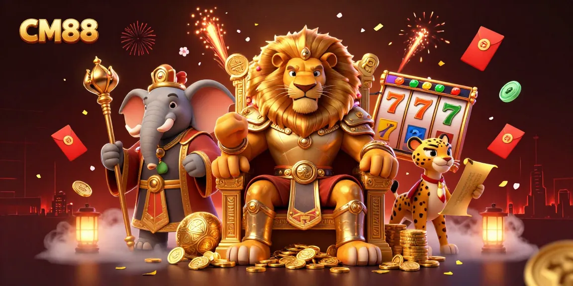Experience the excitement of CM88 with a vibrant 3D illustration showcasing a king, advisor, and messenger amidst rich casino elements.