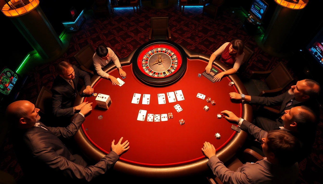 The lively casino atmosphere at nk88 com featuring poker chips, roulette wheel, and engaged players.