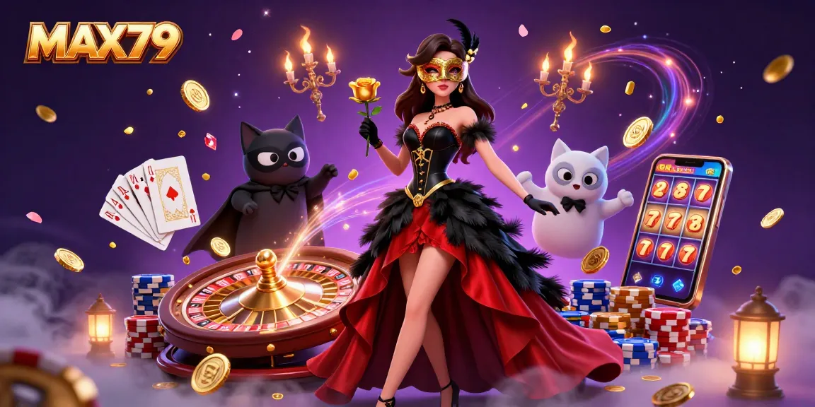 Join the excitement at MAX79 with a stunning 3D illustration featuring vibrant casino gameplay elements and captivating characters.