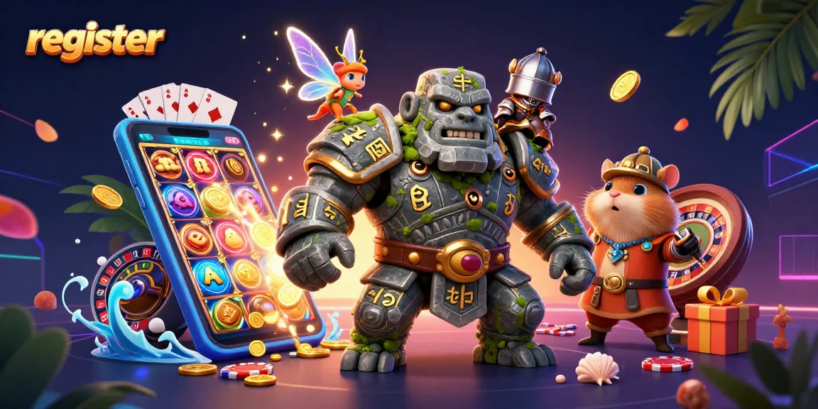 Register and spin to win with a vibrant casino illustration featuring a magical golem and characters.