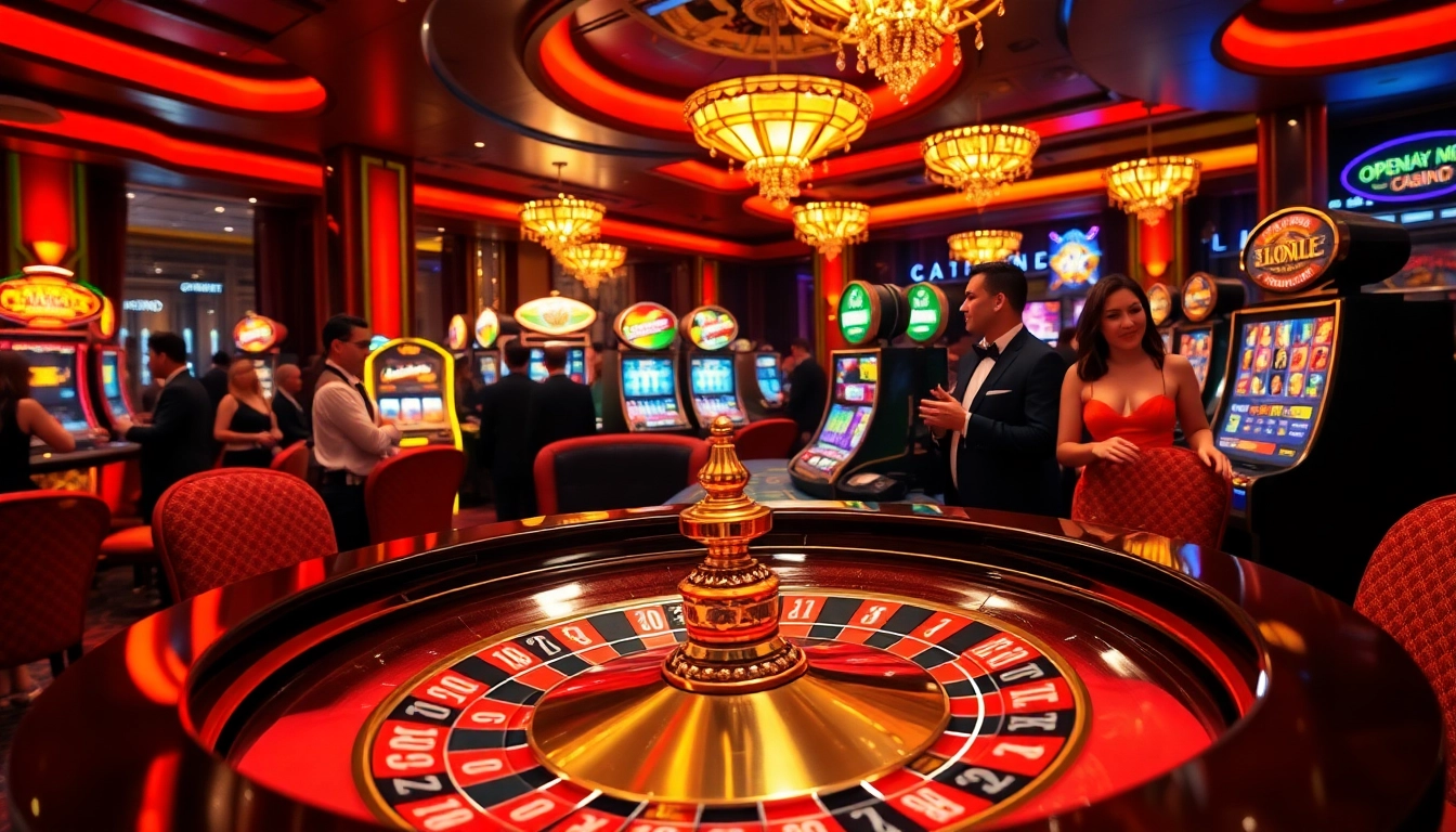 Experience the thrill at open88's sophisticated casino, featuring a dazzling roulette wheel and engaged players.