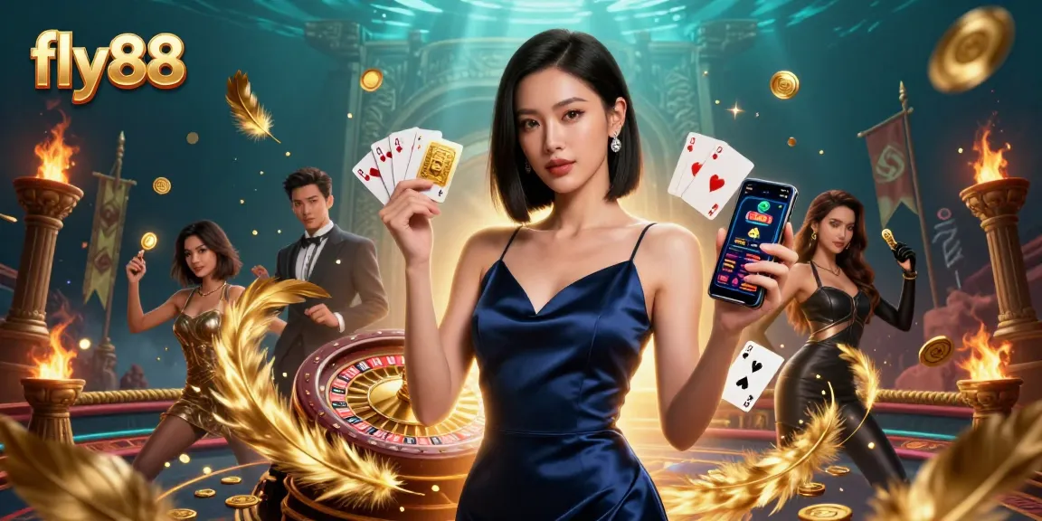 Experience fly88 gaming action with an elegant Asian woman showcasing a casino app and golden chip.