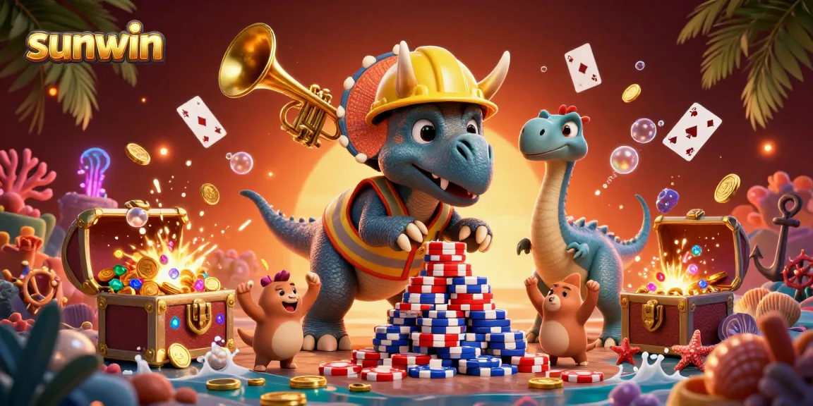 Celebrate big wins at sunwin with a dynamic casino scene featuring cheerful characters and vibrant gaming elements.