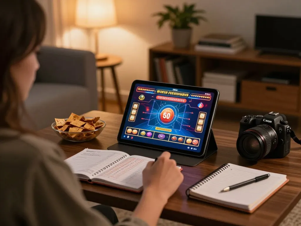 cm88 user engaging in online gambling on tablet in a cozy living room