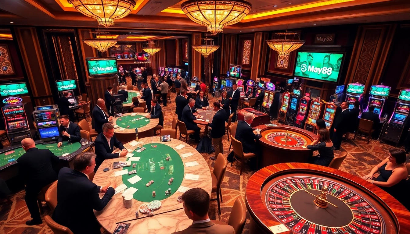 Experience the thrill of gambling at May88's vibrant casino with players at blackjack tables.