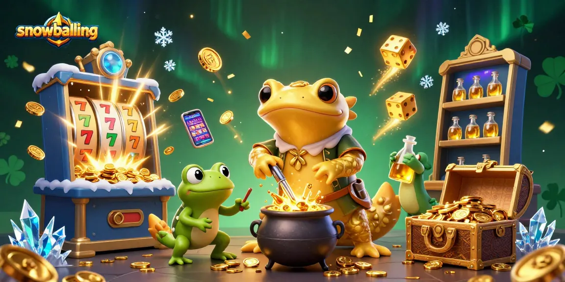 Experience snowballing with a dynamic 3D casino scene featuring alchemists, gold coins, and slot machines.
