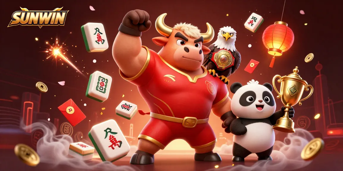 SUNWIN presents an energetic gaming scene with a victorious bull mascot, eagle, and panda amidst festive gambling elements.
