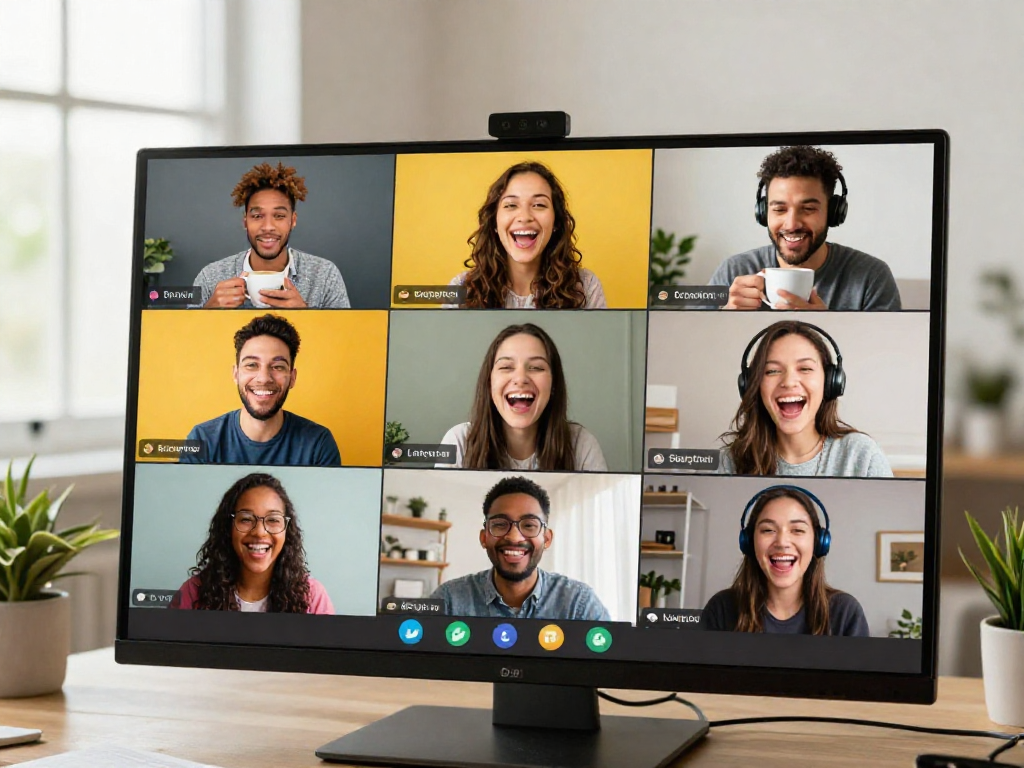 Engaging spicychat video call scene with diverse friends enjoying lively conversations.
