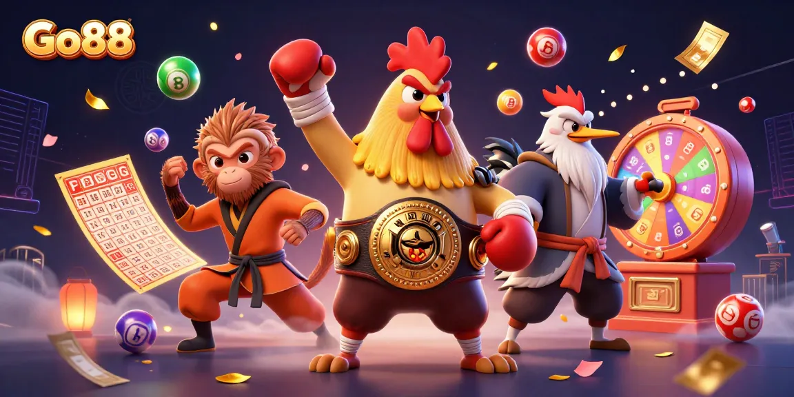 Experience the thrill at Go88 with dynamic gaming elements, Muay Thai rooster, and vibrant lottery excitement.