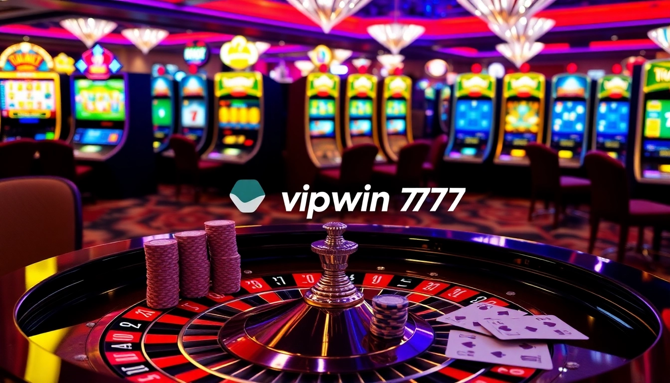 Experience the excitement of vipwin 777 with a vibrant casino scene showcasing roulette, poker, and slot machines.