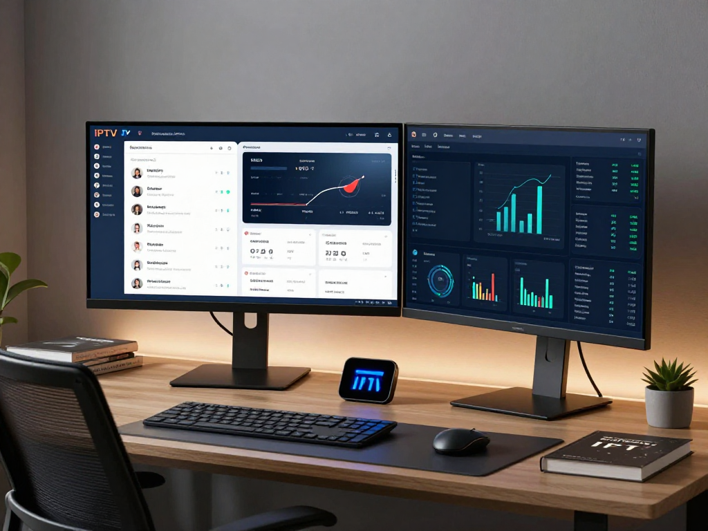 IPTV reseller panel dashboard displaying analytics and user management in a modern tech workspace.