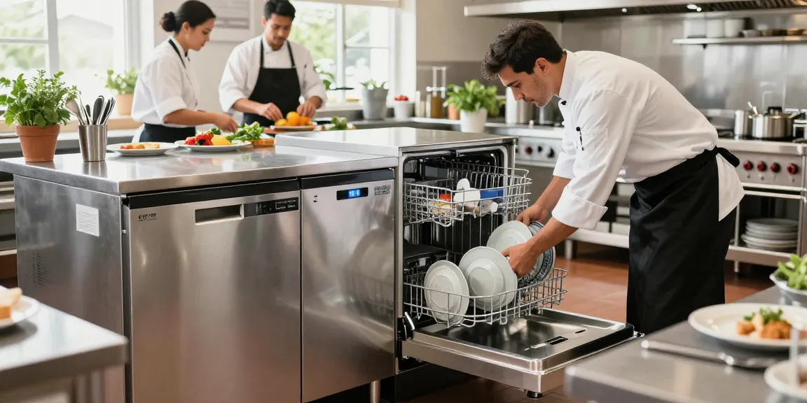 Commercial Dishwashers & Glasswashers in action, showcasing a bustling restaurant kitchen with chefs loading plates into efficient machines.