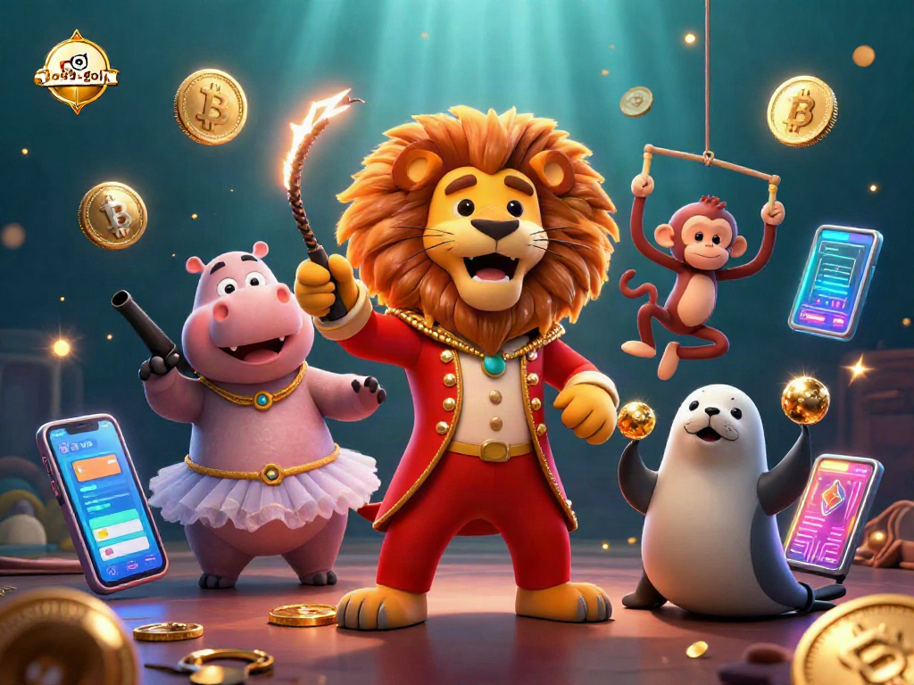 Engage with the vibrant go99-goku casino scene featuring a lion ringmaster, crypto coins, and dynamic game elements.