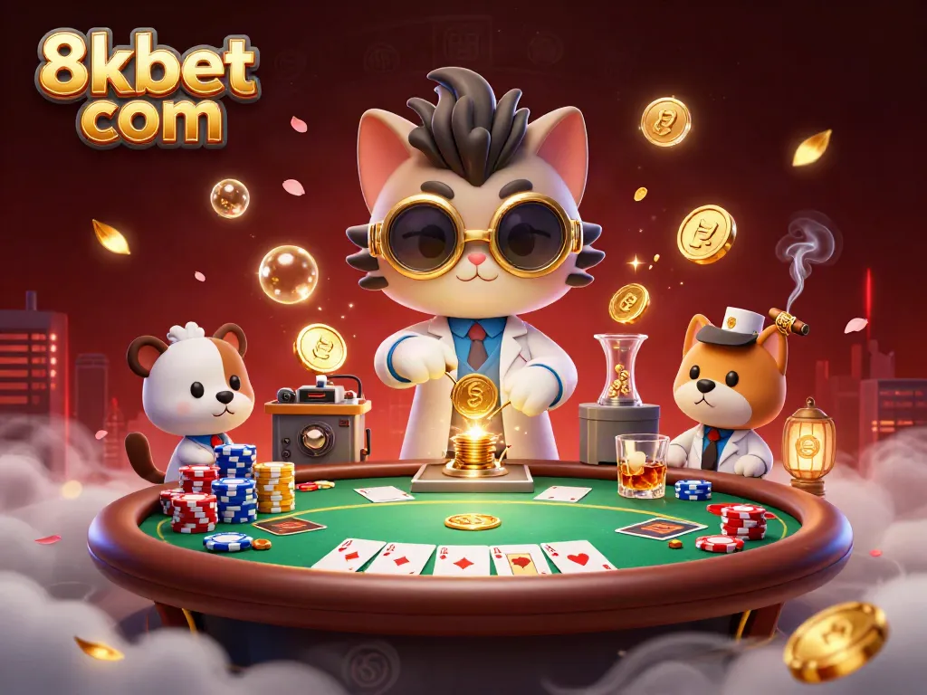 Engaging 3D scene of a mad scientist cat and dog in a casino lab with poker elements, featuring 8xbet com.