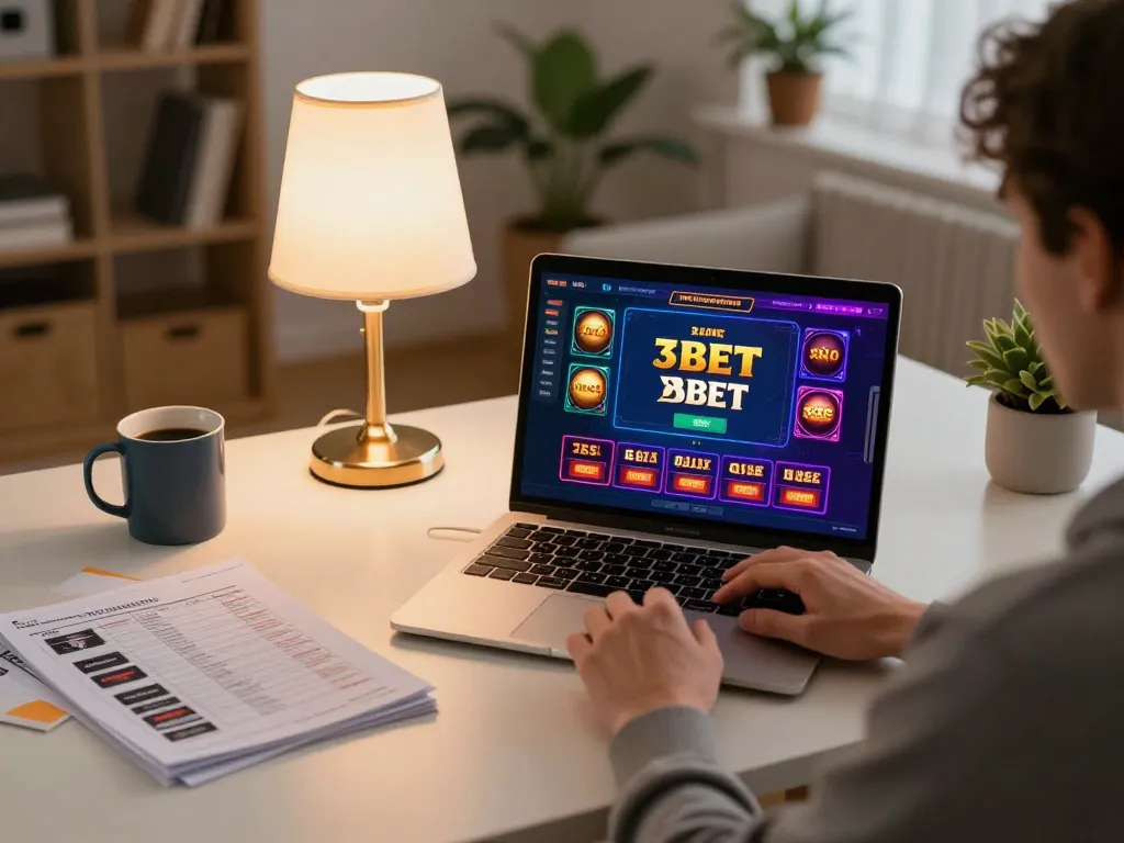 Person playing 3Bet online casino game on laptop at home, showcasing gaming interface and strategy notes.