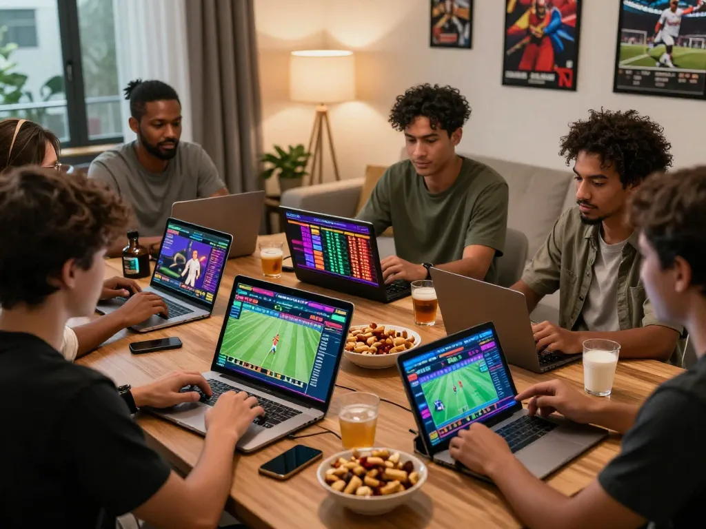Exciting online betting scene at https://rikbet.in.net/ with diverse players engaged in gambling activities, cozy atmosphere, vibrant sports graphics.