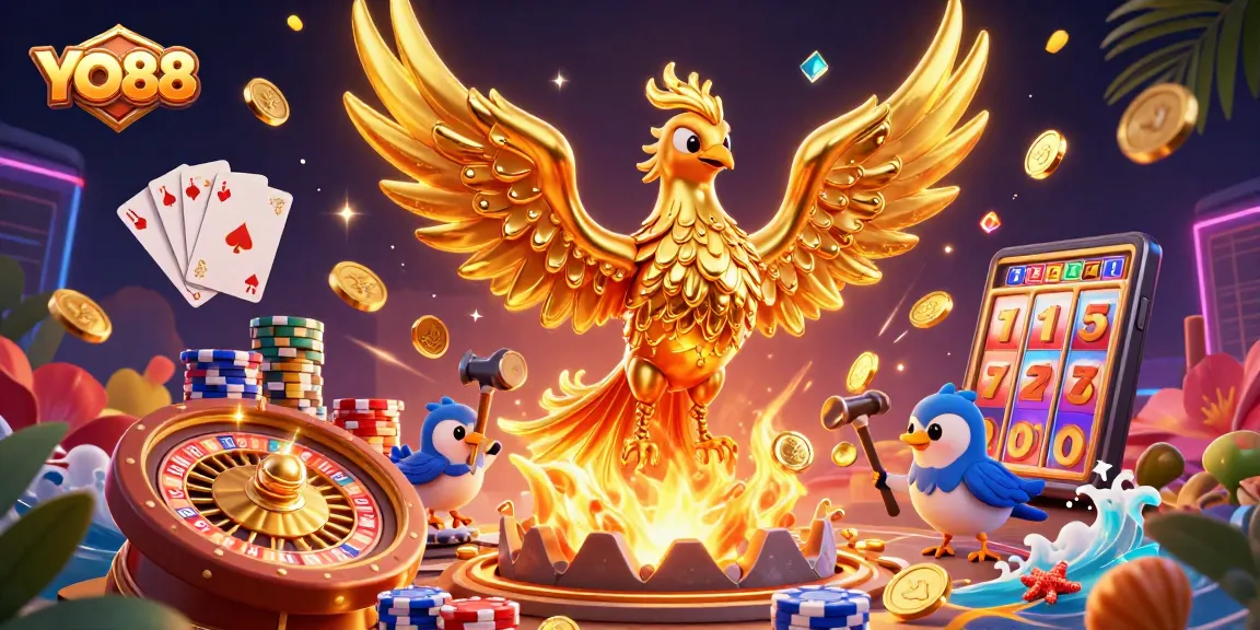 Spin to win at YO88 with a molten gold phoenix and immersive casino elements.