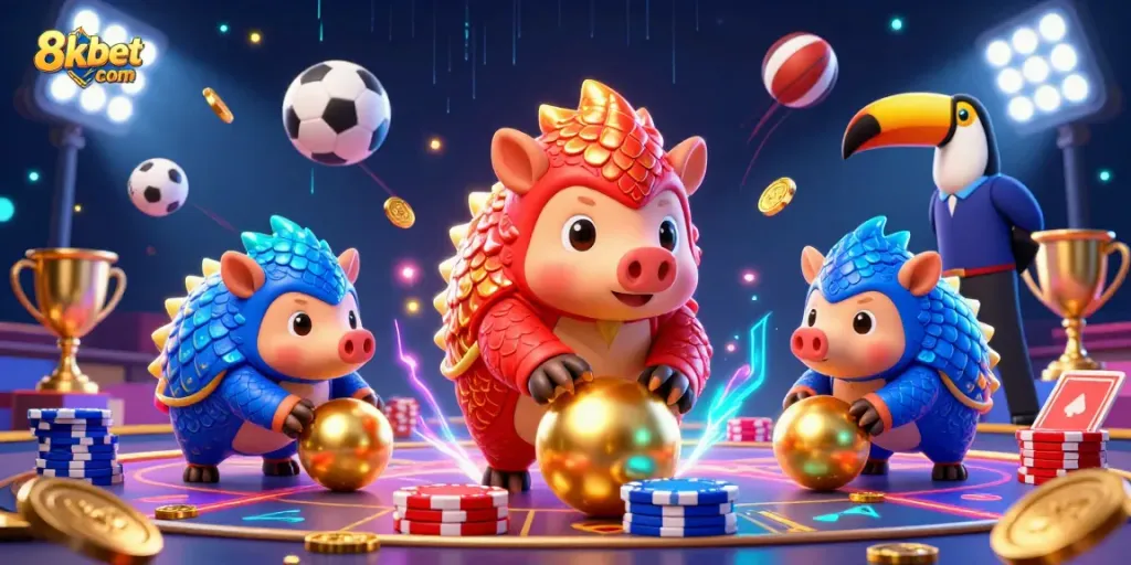 Experience dynamic gaming with 8xbet com, featuring colorful pangolins, confetti, and action-packed elements.
