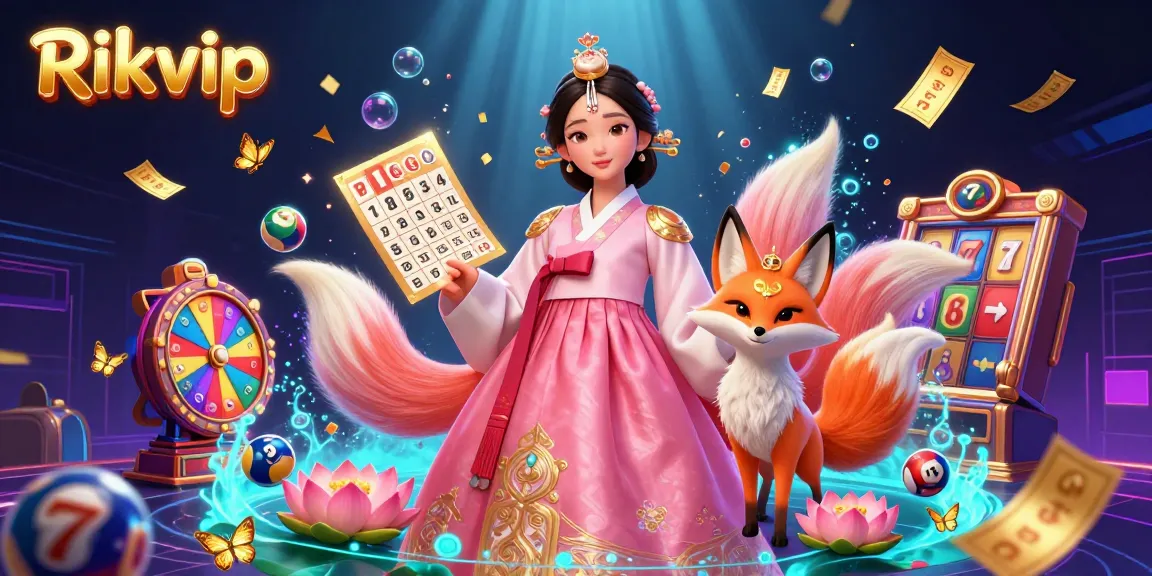 Engage in thrilling action at Rikvip with an elegant lady in a hanbok amidst colorful lottery elements.