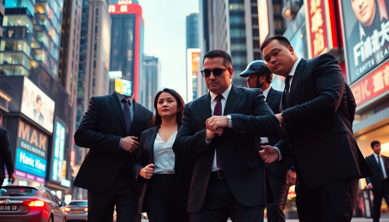 Close protection Hong Kong agents safeguarding a high-profile individual in a lively urban setting.