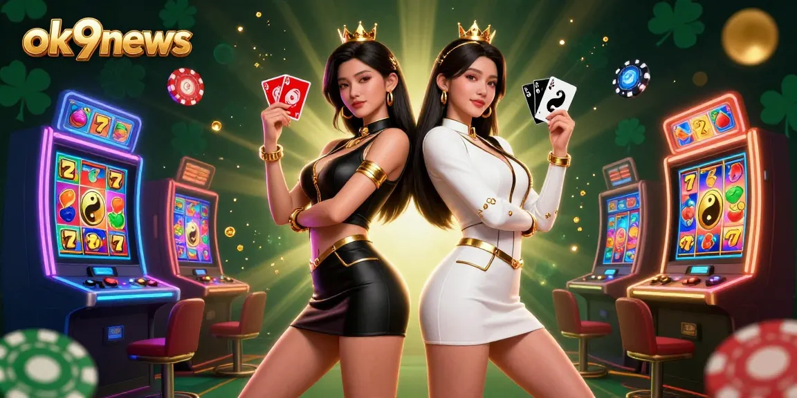 Engage with ok9news gambling excitement featuring twin Asian women with cards and vibrant casino elements.
