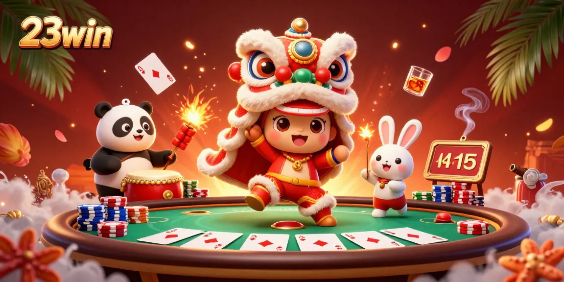 Engage in thrilling games at 23win with vibrant casino characters and dynamic poker elements.