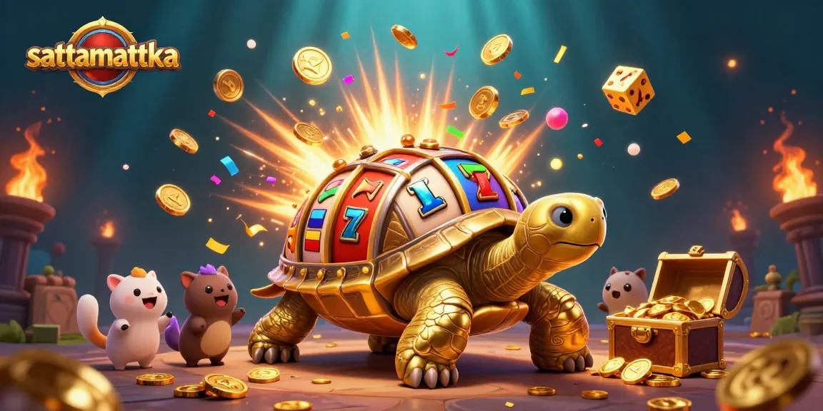 Join the excitement of sattamattka with playful golden tortoise and vibrant slot machine surrounded by colorful game elements.