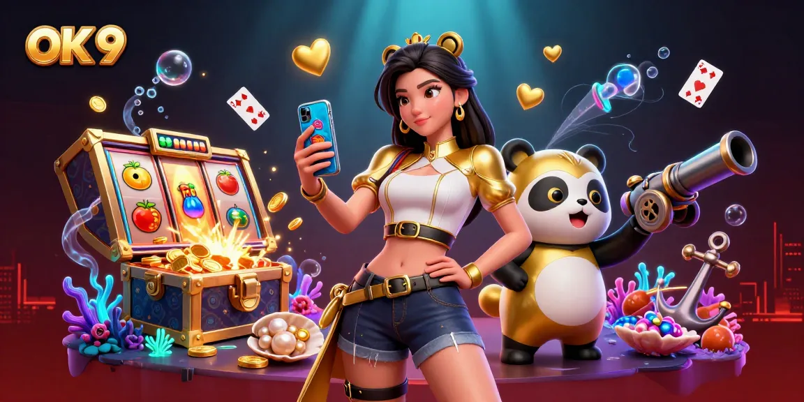 Play exciting casino games with OK 9 as a captivating Asian woman enjoys a smartphone game with her golden panda friend.