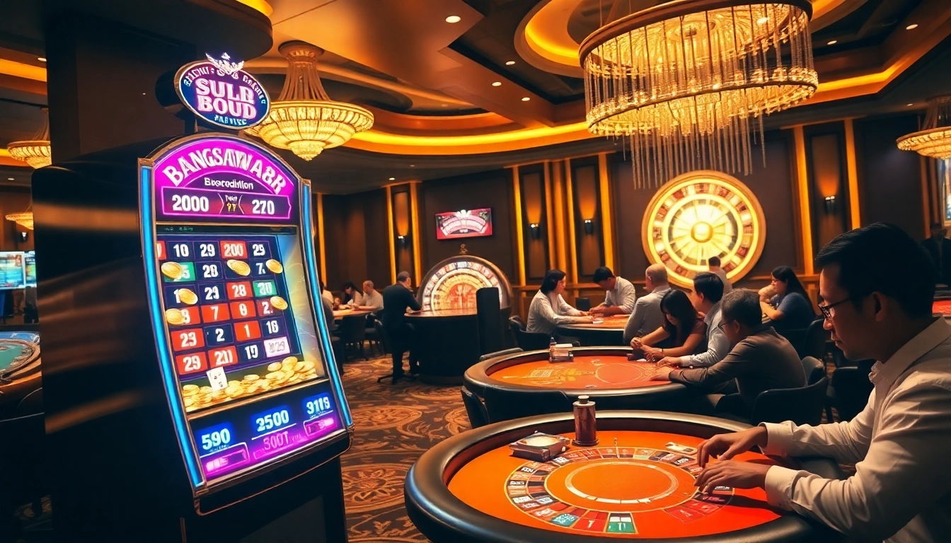 Players enjoy thrilling moments at the bangsawan88 casino with vibrant slot machines and roulette wheels.