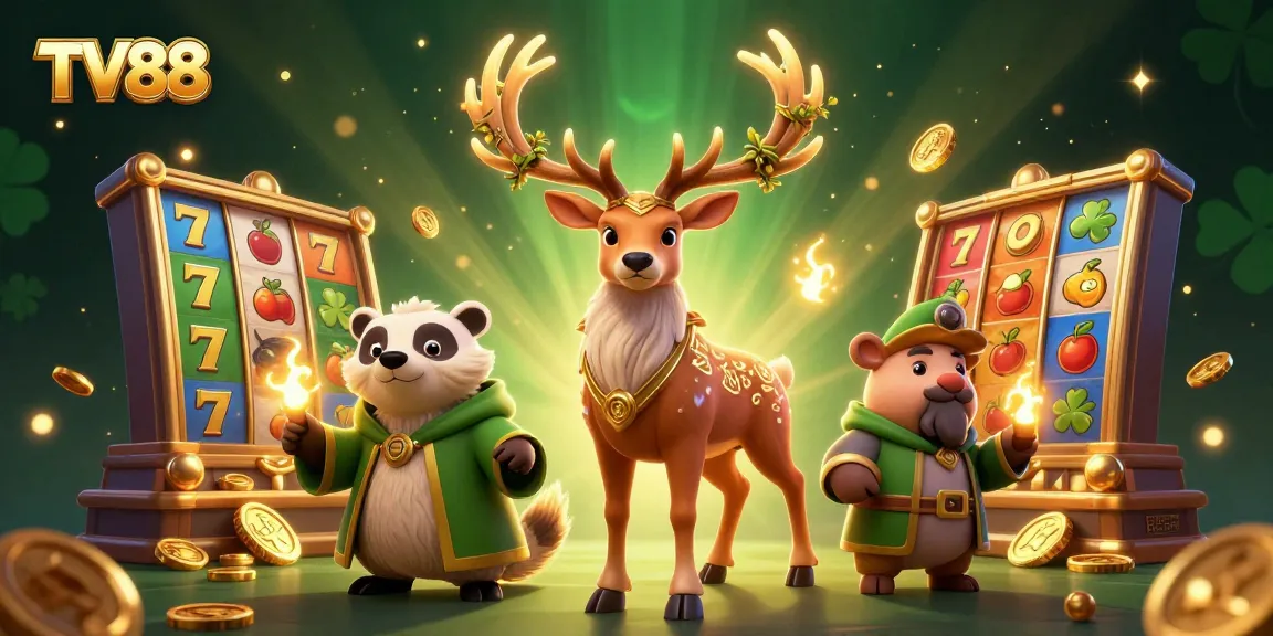 Experience the thrilling world of TV88 with dynamic slots and casino games illustrated in an enchanting scene.