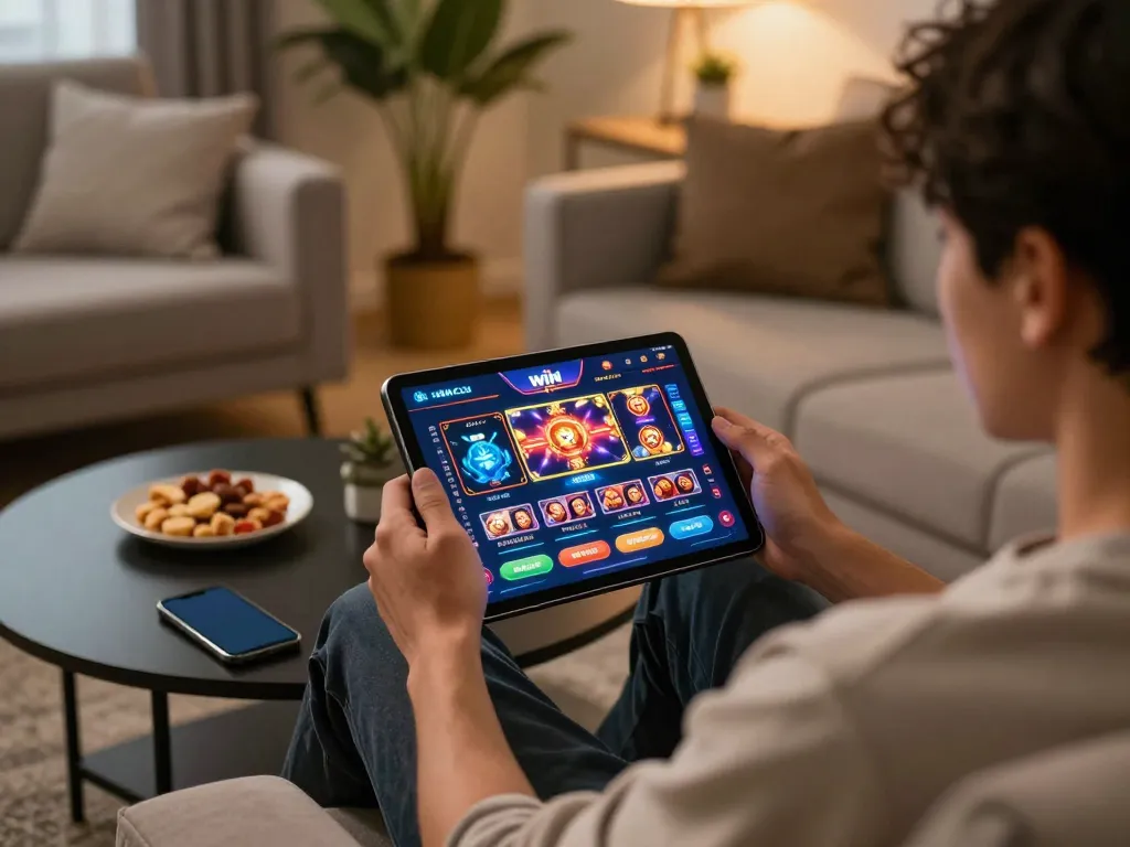 Engaging moment of a user playing nhà cái IWIN online casino on a tablet in a cozy home atmosphere, with vibrant game visuals.