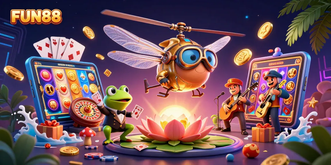 Engage with FUN88's exciting gameplay, featuring a vibrant 3D scene with a dragonfly pilot, frog dealer, and more.