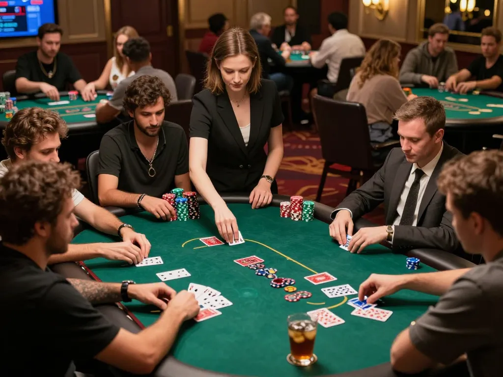 Engaged players strategizing at a poker table with gg88 branding, vibrant casino atmosphere.