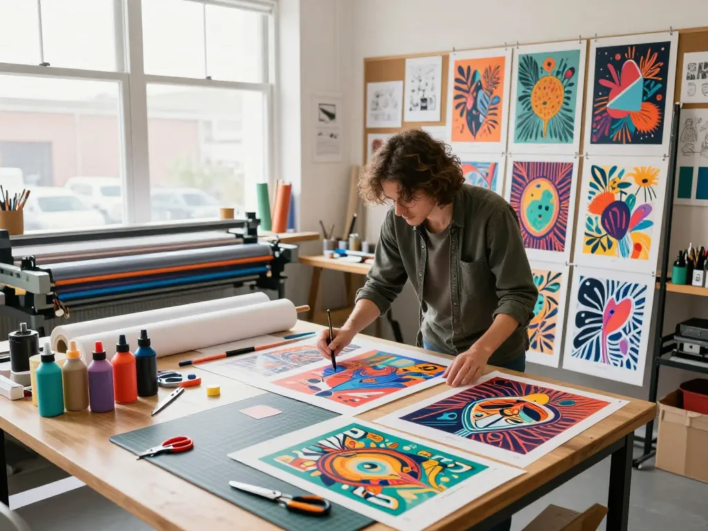 Artist reviewing vibrant custom poster printing in a bright studio.