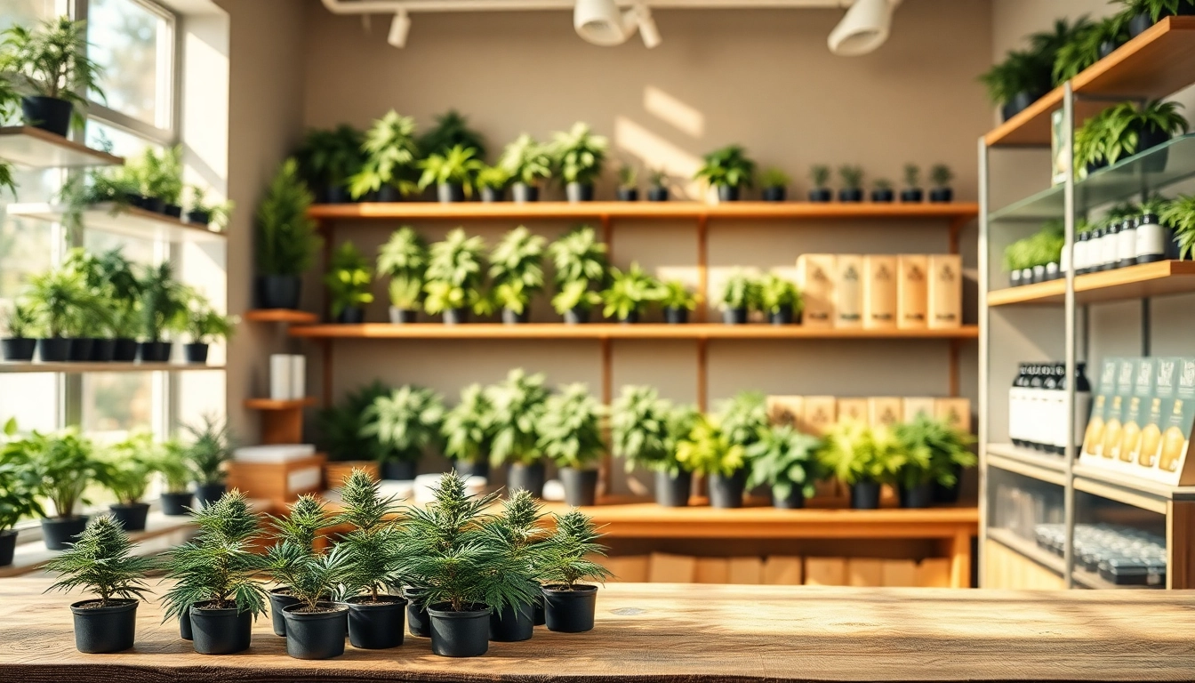 Cannabis & Weed for Sale UK displayed in a welcoming herbal store with vibrant plants and elegant packaging.