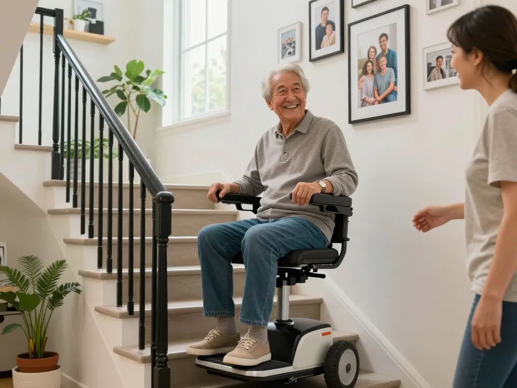 Older adult using a stairlift to navigate stairs safely and comfortably
