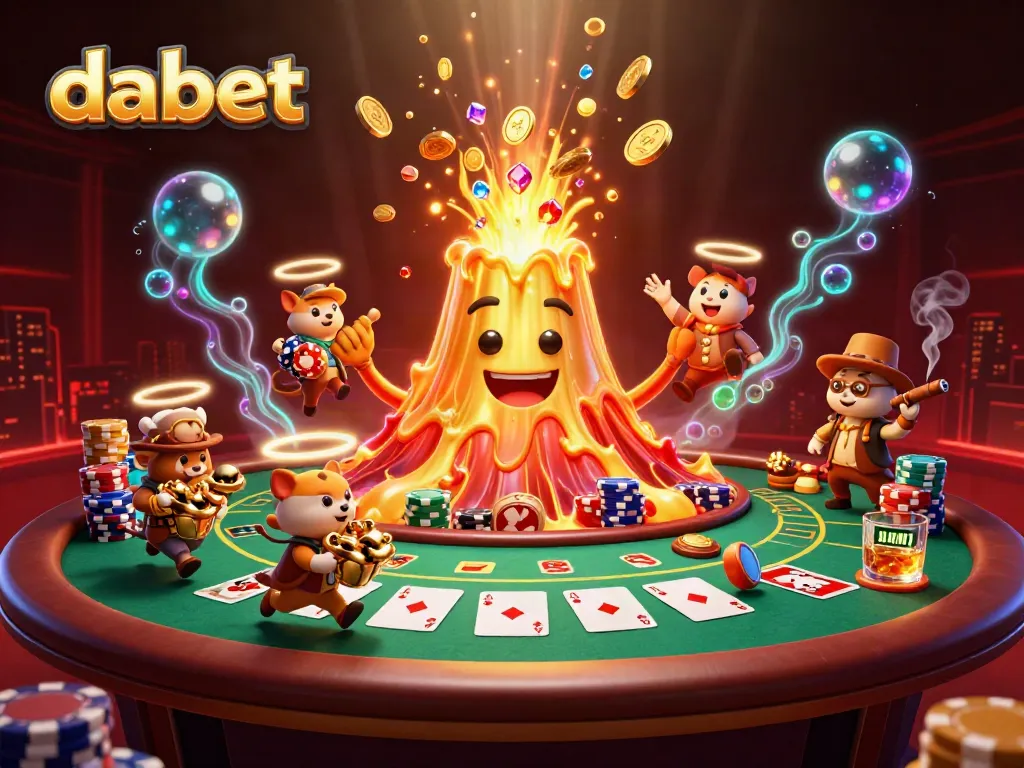 Dabet showcases a lively 3D casino scene where a golden volcano erupts treasure, surrounded by poker elements.