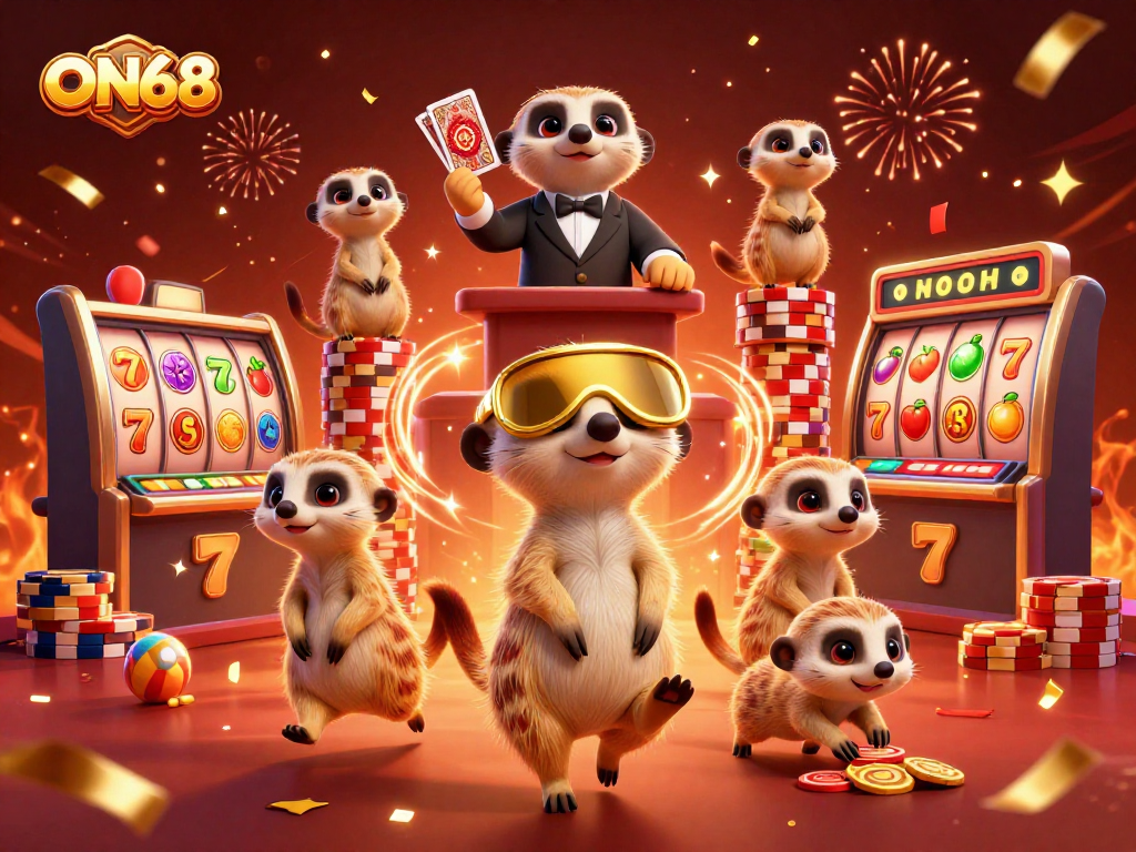 Engage in thrilling gaming at ON68 with cheerful meerkats managing slots and jackpots in an elaborate scene.