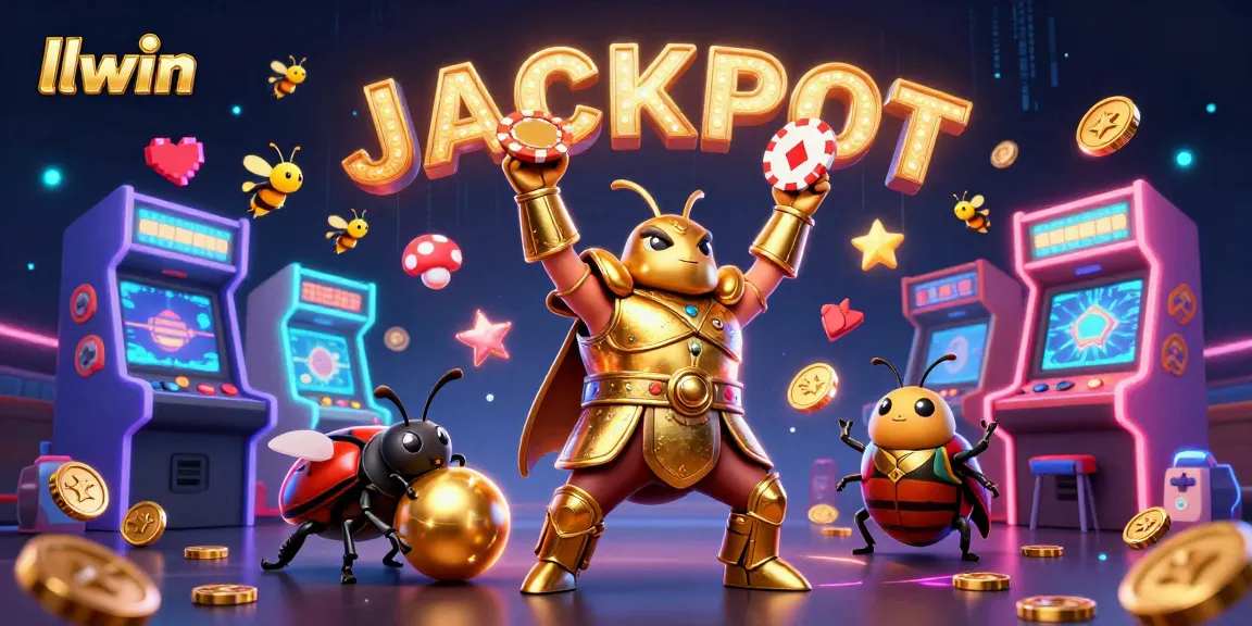 Experience the thrilling ambiance of llwin with a heroic beetle character celebrating a victory in an exciting casino scene.