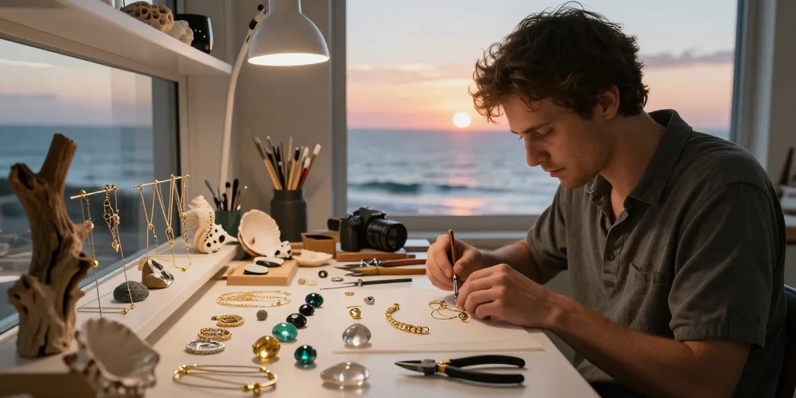 Handcrafted ethical jewellery uk inspired by the sea, showcasing an artisan at work in a cozy studio.