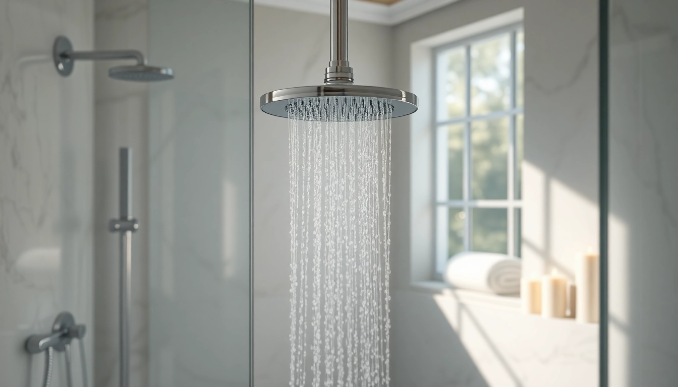 Gorgeous elegant showers with modern rain showerhead in a luxurious bathroom setting.