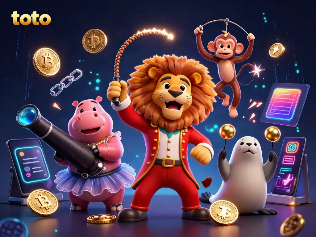 Engage with the dynamic toto gambling scene featuring lively circus characters and crypto elements.