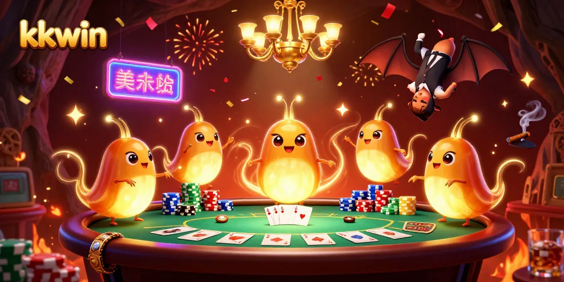 Engage with the vibrant kkwin casino scene featuring glowing creatures and a bat dealer amidst poker action.