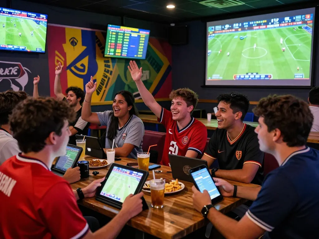 Tỷ lệ kèo nhà cái displayed in a lively sports betting atmosphere with cheering fans and vibrant screens.